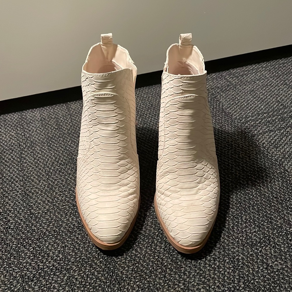 Cream snakeskin booties